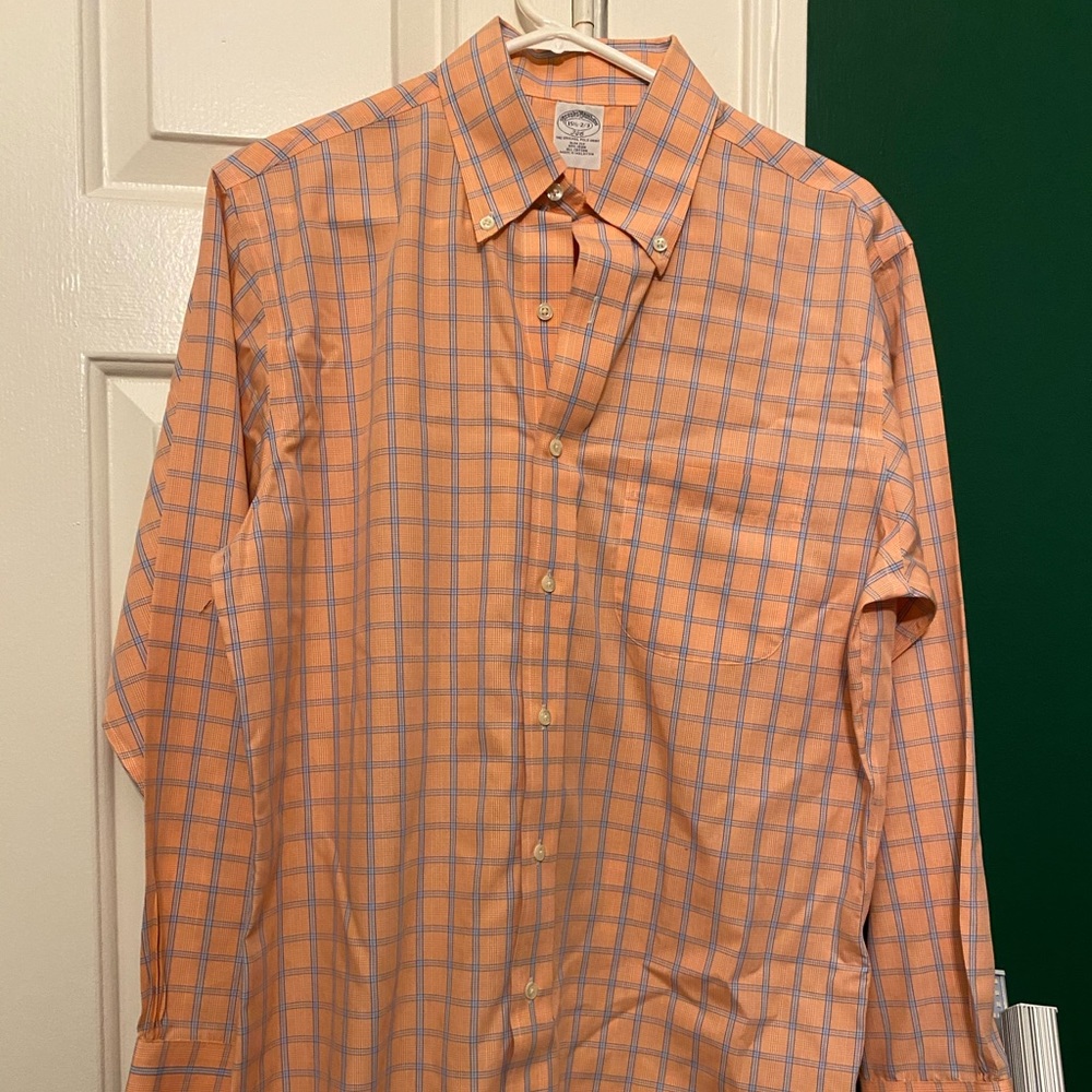 Soft orange and blue check Brooks Brothers 15.5